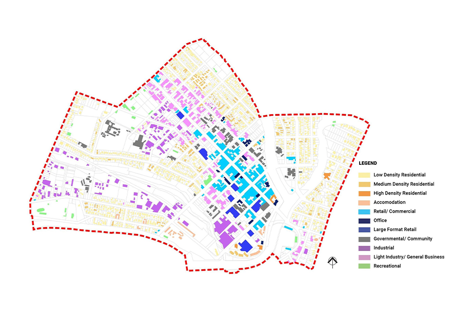 Color-coded map of Gisborne illustrating various zones, including low-density residential, recreational, retail, and more, as part of urban planning and zoning